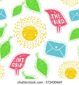 Endless background with birds and nature elements. Cute seamless pattern in vector.