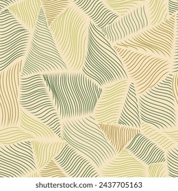 Endless background of collage geometric shapes with elegant wavy line texture. Abstract organic hand drawn mosaic print in shades of green.