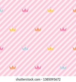 Endless background with crowns, diadems, stripes. Cute romantic pink vector background in LOL doll surprise style. Decor for children's birthday, girls party, gift wrapping. pattern . vector