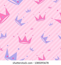 Endless background with crowns, diadems, stripes. Cute romantic pink vector background in LOL doll surprise style. Decor for children's birthday, girls party, gift wrapping. pattern . vector