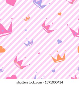 Endless background with crowns , hearts , diadems, stripes. Cute romantic pink vector background in LOL doll surprise style. Decor for children's birthday, girls party, gift wrapping Vector