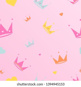 Endless background with crowns , hearts , diadems, stripes. Cute romantic pink vector background  lol surprise style. Decor for children's birthday, girls party, gift wrapping Pink background Vector 