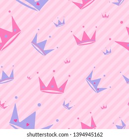 Endless background with crowns , hearts , diadems, stripes. Cute romantic pink vector background  lol surprise style. Decor for children's birthday, girls party, gift wrapping Pink background Vector 