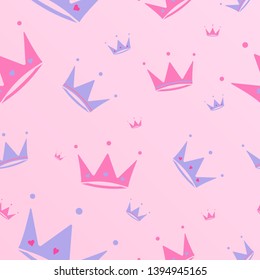 Endless background with crowns , hearts , diadems, stripes. Cute romantic pink vector background  lol surprise style. Decor for children's birthday, girls party, gift wrapping Pink background Vector 