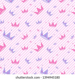 Endless background with crowns , hearts , diadems, stripes. Cute romantic pink vector background  lol surprise style. Decor for children's birthday, girls party, gift wrapping Pink background Vector 