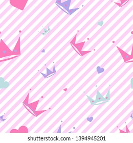 Endless background with crowns , hearts , diadems, stripes. Cute romantic pink vector background  lol surprise style. Decor for children's birthday, girls party, gift wrapping Pink background Vector 