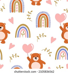 Endless background with cute bear and rainbow. Simple design, texture on a white background. Seamless Repeat Pattern. Vector pattern for textile, packaging, paper, wallpaper.