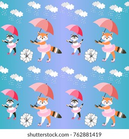 Endless background with cute little foxes and kittens with umbrellas on gradient blue background. Vector summer design.