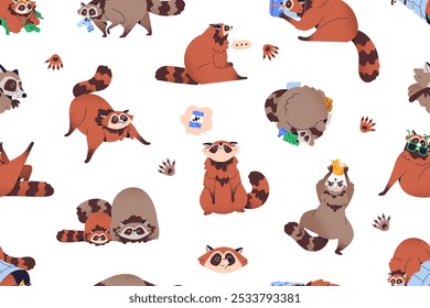 Endless background with cute raccoons. Repeatable pattern of amusing couple of racoons. Funny forest animals have fun in trash can, play. Hungry, angry fluffy baby. Flat seamless vector illustration