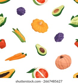 Endless background with different farm food. Repeatable pattern of various organic vegetables and fresh tropical fruit. Healthy eating: pumpkin, cauliflower, avocado. Flat seamless vector illustration