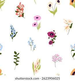 Endloser Hintergrund von verschiedenen Blumen mit Blättern. Wiederholbare Muster von geschnittenen Zweigen von Sommer Wildblumen, Blüte Wiesenpflanzen, Calla Lilie, vergessen Sie mich nicht. Flache nahtlose Vektorgrafik