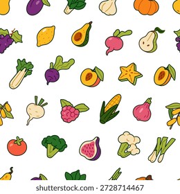 Endless background of different fruits and vegetables with contour. Repeatable pattern of fresh agriculture crops, farm veggies and halves of peach, avocado. Flat seamless vector illustration