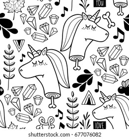 Endless background with doodle head of unicorn. Vector seamless pattern for coloring. Creative wallpaper with floral elements.