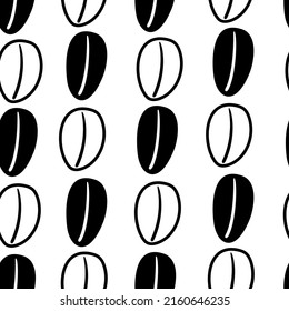 Endless background of doodles of coffee beans in black, hand drawn on a white square background. Used for printing on paper, fabric, packaging, wallpaper. Eps10.