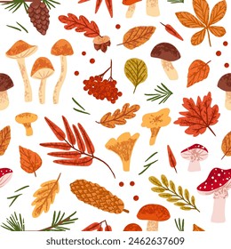 Endless background with dry autumn leaves, different mushrooms, fir. Repeatable pattern of golden foliage, rowan berries, boletus, fly agaric. Fall forest nature. Flat seamless vector illustration