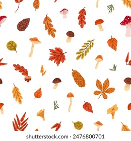 Endless background with dry oak leaves, red rowan foliage, different mushrooms, fir needles. Repeatable pattern of autumn forest nature, fall woodland plants. Flat seamless vector illustration