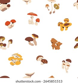 Fundo infinito de boleto comestível e não comestível. Padrão repetido de agárico de mosca selvagem, bolete de vidoeiro, shiitake, chanterelle, cogumelo parasol, fungo de floresta. Ilustração de vetor uniforme plana