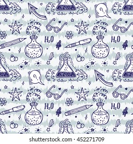 Endless Background with Education and science items. Hand Drawn Doodle Lab Chemistry flasks with bubbles and steam of chemical reaction - Vector Seamless Pattern