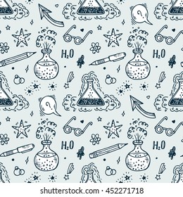 Endless Background with Education and science items. Hand Drawn Doodle Lab Chemistry flasks with bubbles and steam of chemical reaction - Vector Seamless Pattern