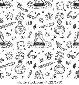 Endless Background With Education And Science Items. Hand Drawn Doodle Lab Chemistry Flasks With Bubbles And Steam Of Chemical Reaction - Vector Seamless Pattern