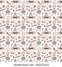 Endless Background with Education and science items. Hand Drawn Doodle Lab Chemistry flasks with bubbles and steam of chemical reaction - Vector Seamless Pattern