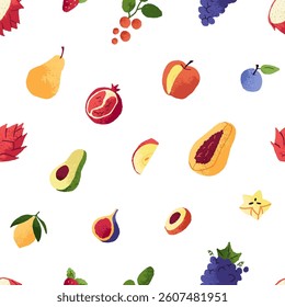 Endless background with exotic fruit and berries. Repeatable pattern of avocado, papaya, grape. Different fresh tropical snack, healthy summer food on backdrop. Flat seamless vector illustration.
