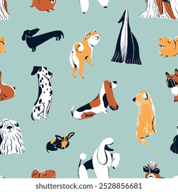 Fundo infinito com cães macios. Padrão repetido de diferentes cães, raças caninas: akita, bulldog, poodle, dalmatian, spitz. Filhotes engraçados, animais de estimação. Ilustração de vetor desenhada à mão plana e sem emenda