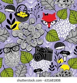 Endless background with forest elements. Creative vector pattern with wild birds and animals. Seamless illustration in retro style.