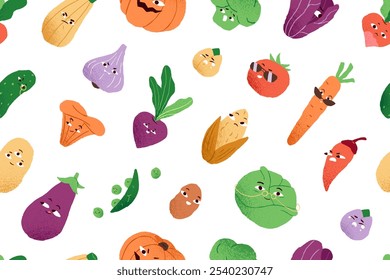 Endless background with funny vegetable characters. Repeatable pattern of different cute farm food with happy, sad faces. Comic childish veggies with emotions. Flat seamless vector illustration