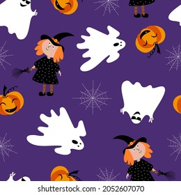 Endless background with ghosts, witch, and pumpkin. Festive texture on a purple background for Halloween. Seamless Repeat Pattern. Vector pattern for textiles, packaging, paper, wallpaper.
