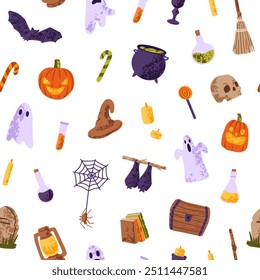 Endless background for Halloween party. Repeatable pattern of scary skulls, spooky ghosts. Helloween backdrop with creepy pumpkins, witch hat, cauldron for holiday. Flat seamless vector illustration