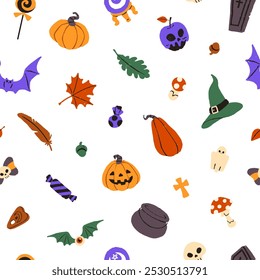 Fondo sin fin con calabazas de Halloween, fantasmas de miedo, cráneos. Patrón repetible de caramelos duros, sombreros de bruja, murciélagos espeluznantes para Helloween. Decoración del partido de Festiva. Ilustración vectorial plana sin costuras