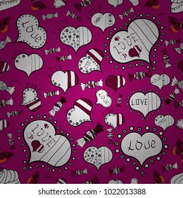 Endless background with hand drawn figures on magenta, white and black colors. Vector illustration. Pattern for wrapping, cover, background, surface print. Seamless raster love pattern with hearts.