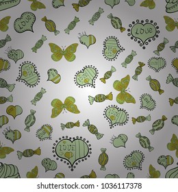 Endless background with hand drawn figures on white, neutral and yellow colors. Seamless raster love pattern with hearts. Vector illustration. Pattern for wrapping, cover, background, surface print.