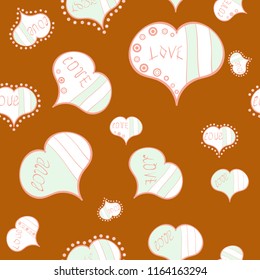 Endless background with hand drawn figures on orange, white and neutral colors. Vector illustration. Seamless raster love pattern with hearts. Pattern for wrapping, cover, background, surface print.