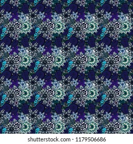 Endless background with hand drawn figures on blue, gray and black colors. Vector illustration. Seamless raster love pattern with hearts. Pattern for wrapping, cover, background, surface print.