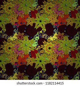 Endless background with hand drawn figures on yellow, brown and black colors. Seamless raster love pattern with hearts. Pattern for wrapping, cover, background, surface print. Vector illustration.