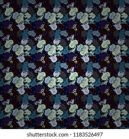Endless background with hand drawn figures on black, neutral and blue colors. Seamless raster love pattern with hearts. Pattern for wrapping, cover, background, surface print. Vector illustration.