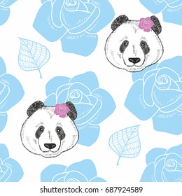 Endless background with heads of panda and flowers. Vector seamless pattern.