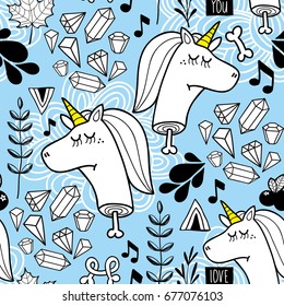 Endless background with heads of unicorn and nature elements. Colorful pattern in vector.