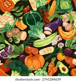 Endless background of heap of different vegetables. Repeatable pattern of pile veggies harvest, lots of various agriculture crops and stack of farm food. Flat seamless hand drawn vector illustration