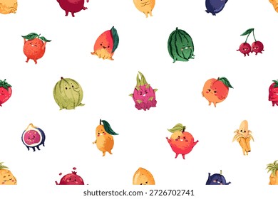 Fondo interminable de fruta kawaii y bayas lindas con diferentes emociones en las caras. Patrón repetible de personajes felices y tristes en varias poses divertidas. Ilustración vectorial plana sin costuras