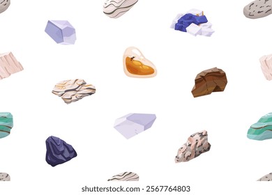 Endless background with mineral materials, stones. Repeatable pattern of different gems, gemstones. Smooth and rough rocks: granite, marble, amber. Geology backdrop. Flat seamless vector illustration