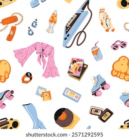 Endless background with nostalgia of 80s. Repeatable pattern of 1980s items, cassettes, roller skates, vinyl, keytar, clothes, soda. Accessories with retro style. Flat seamless vector illustration