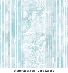 Endless background on the marine theme on blue watercolor background.  Underwater plants,starfish, seashells, rope. Abstract vector illustration. Perfect for design templates, wallpaper, wrapping.