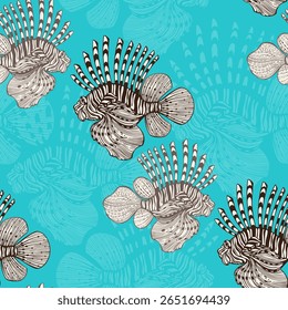 Endless background on the marine theme with lionfish on blue. Vector silhouettes. Abstract sea illustration. Color. Perfect for design templates, wallpaper, wrapping, fabric and textile.