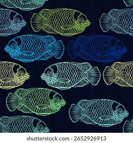 Endless background on the marine theme with oceanic fish. Vector hand drawn colored outlines on black. Perfect for design templates, wallpaper, wrapping, fabric,  print and textile.