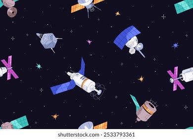 Fundo infinito com espaço sideral e diferentes estações cósmicas. Padrão repetido de satélites artificiais da Terra. Naves espaciais, naves voam no cosmos. Ilustração de vetor uniforme plana