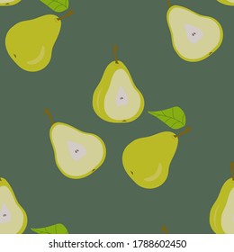 Fondo infinito con peras verdes maduras sobre un fondo verde. Para textiles, cubiertas, papel de envoltura, papel pintado.