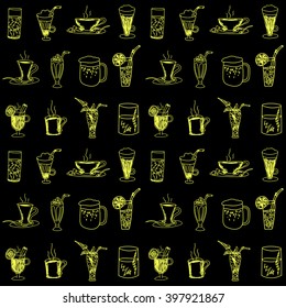 Endless background with sketches of different drinks in Doodle style. Seamless texture